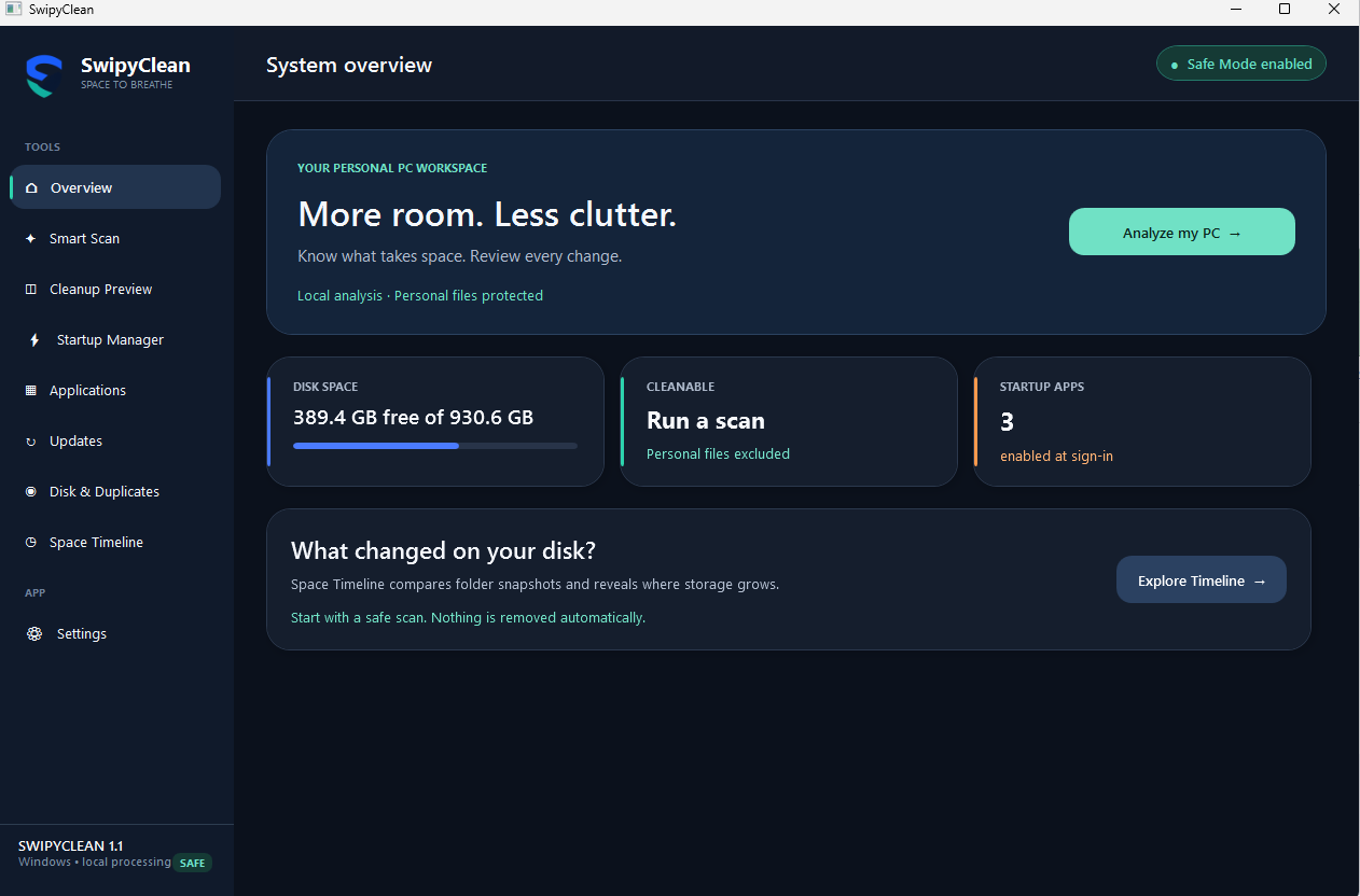 SwipyClean system overview showing disk space, startup apps and a scan button.